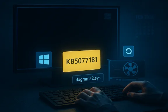 A glowing yellow tag reading KB5077181 floats above a keyboard beside Windows and hardware icons.