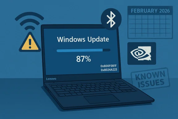 Blue-toned Lenovo laptop shows Windows Update at 87% with security icons and warnings.