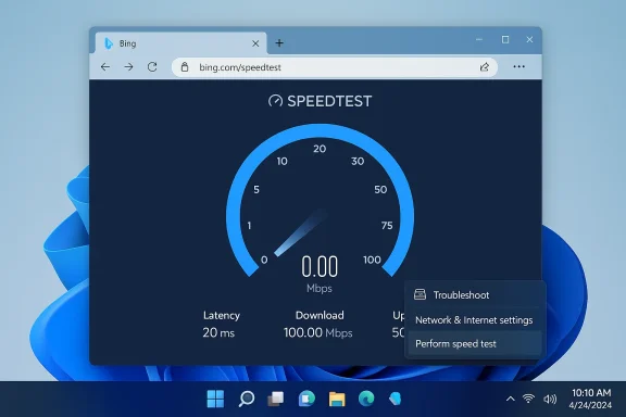 Windows desktop showing Bing speedtest in a browser with a large blue gauge and 0.00 Mbps.