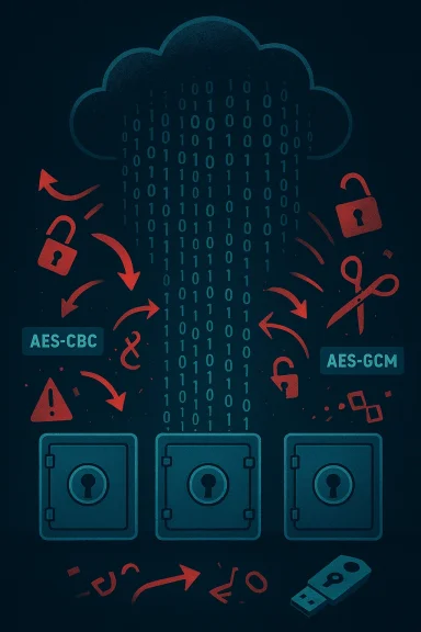 Cloud data encryption: binary data pours into locked safes guarded by AES-CBC and AES-GCM.