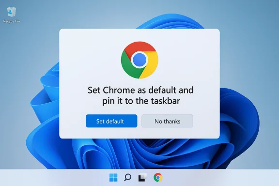 Windows 11 desktop showing a Chrome default-and-pin prompt.