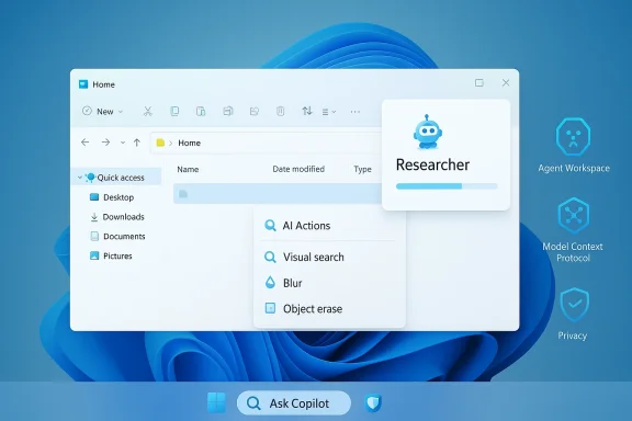 Windows-style desktop shows a Copilot AI panel over a modern file explorer window.