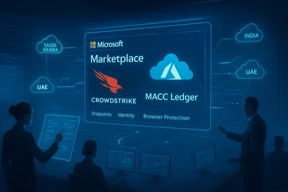 Futuristic blue holographic display shows Microsoft Marketplace with CrowdStrike and MACC Ledger logos.