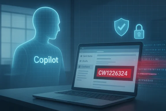 Blue holographic figure labeled 'Copilot' stands beside a laptop displaying red code CW1226324.