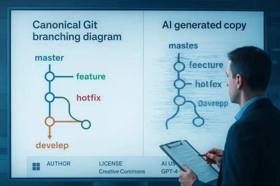 A man studies a split-screen slide showing Canonical Git branching on the left and AI-generated copy on the right.