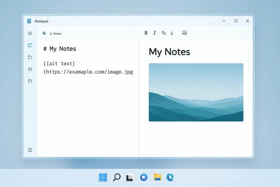 Split-screen notes app: left markdown, right titled “My Notes” with a landscape image.