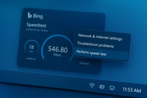 Bing Speedtest results on screen: 546.80 Mbps down, latency 18 ms, with a network settings popover.