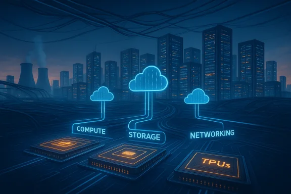 Neon cloud icons for Compute, Storage, and Networking hover above TPU chips in a futuristic cityscape.
