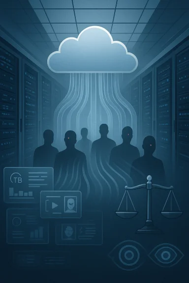 Cloud computing in a data center with silhouettes and flowing data streams. Cloud computing in a data center with silhouettes and flowing data streams.