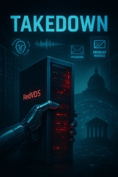 A robotic hand grips a RedVDS server in a dark, neon-lit data center under TAKEDOWN.