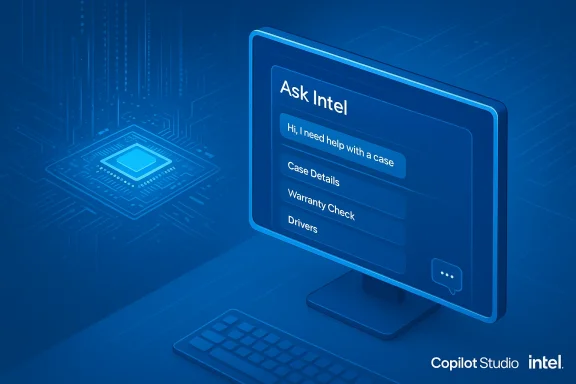 Blue monitor displaying Intel's 'Ask Intel' chat with help options.