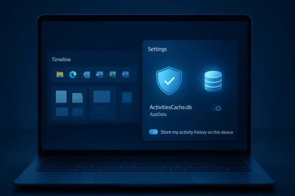 Blue-tinted laptop screen shows a Settings panel with a shield and database icons.