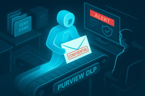A blue figure on a Purview DLP conveyor carries a confidential envelope as an alert flashes on a monitor.