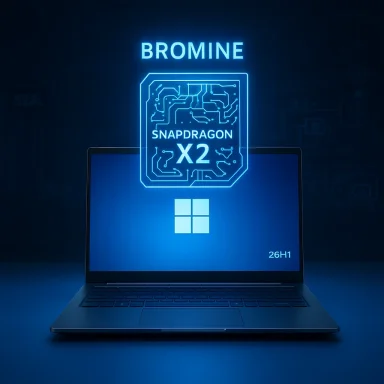 A laptop displays a neon holographic Snapdragon X2 chip labeled BROMINE above its screen.