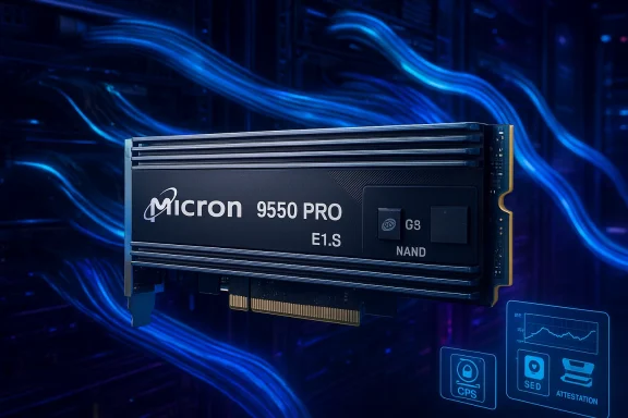 Micron 9550 Pro E1.S NAND NVMe SSD in a server, surrounded by blue network cables.