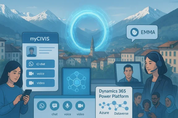 A futuristic teamwork hub featuring Dynamics 365 Power Platform, Azure Dataverse, and a glowing portal.