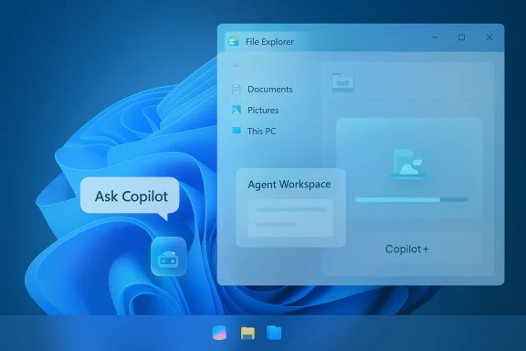 Windows desktop with a translucent Copilot UI overlay and an 'Ask Copilot' bubble on a blue wallpaper.