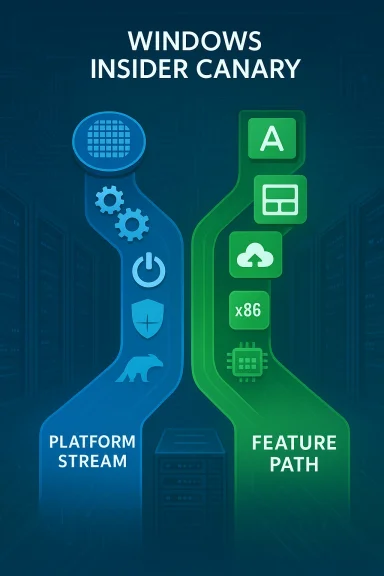 Windows Insider Canary: Platform Stream (blue) vs. Feature Path (green).