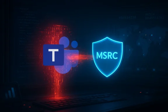 Microsoft Teams logo beside a glowing MSRC shield, signaling cybersecurity.