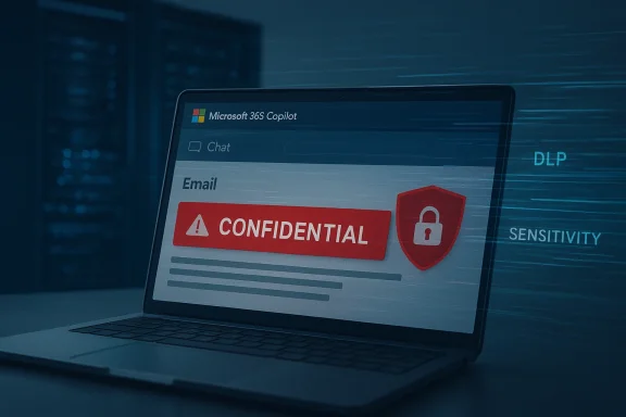Laptop screen displays a CONFIDENTIAL email alert with a shield icon on Microsoft 365 Copilot.