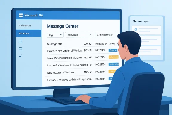 Person viewing a Microsoft 365 Message Center dashboard on a large screen.