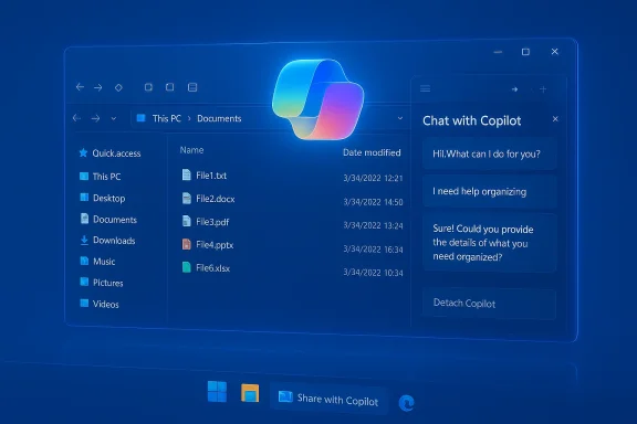 Blue, futuristic Windows desktop with Copilot chat beside a File Explorer window.