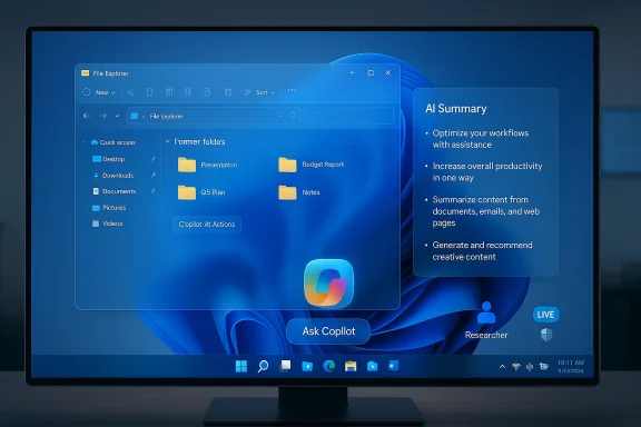 Blue Windows-style desktop on a monitor with an AI summary panel and an “Ask Copilot” button. Blue Windows-style desktop on a monitor with an AI summary panel and an “Ask Copilot” button.
