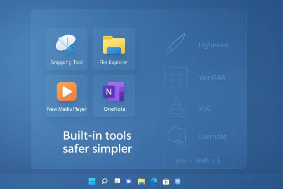 Blue Windows-style dashboard showcasing built-in tools like Snipping Tool, File Explorer, New Media Player, and OneNote.