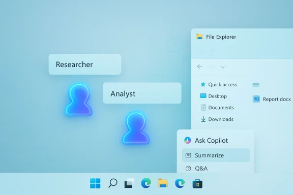A blue-themed UI showing roles Researcher and Analyst with a File Explorer panel. A blue-themed UI showing roles Researcher and Analyst with a File Explorer panel.