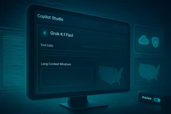 Futuristic monitor displays Copilot Studio UI with Grok 4.1 Fast and map panels.