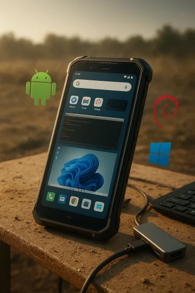 A rugged smartphone outdoors on a rough table, with Android, Windows, and Linux logos nearby. A rugged smartphone outdoors on a rough table, with Android, Windows, and Linux logos nearby.