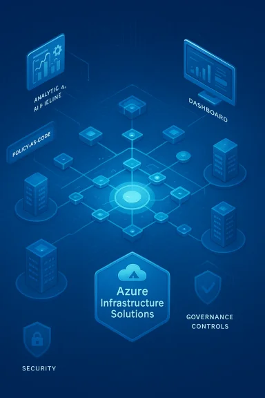 Blue infographic showing Azure Infrastructure Solutions with network nodes, dashboard, security and governance.