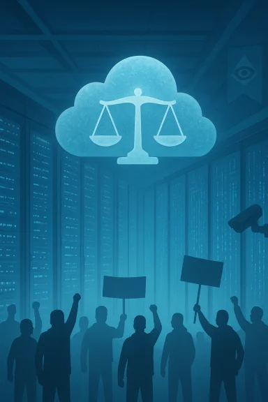 Protesters in a data center hold signs beneath a cloud bearing the scales of justice. Protesters in a data center hold signs beneath a cloud bearing the scales of justice.