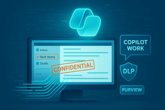 Neon-lit computer screen stamped “CONFIDENTIAL” amid Copilot Work and DLP/Purview icons.