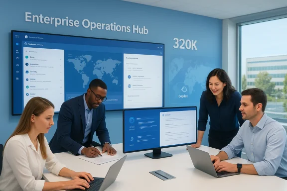 Four professionals collaborating at the Enterprise Operations Hub with large screens.