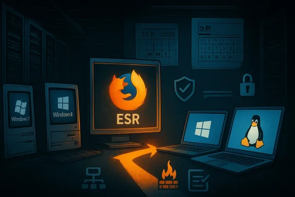 Dark data center with Firefox ESR on a monitor, flanked by Windows and Linux laptops and security icons.