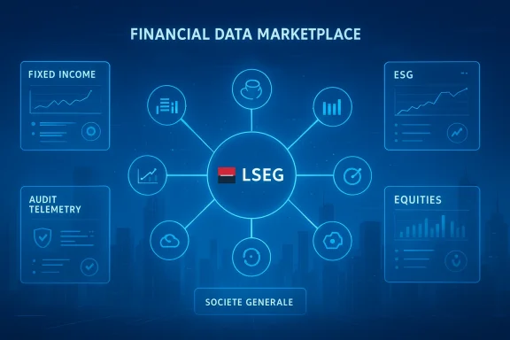 Central LSEG hub linking Fixed Income, ESG, Equities and other data panels in a financial data marketplace.