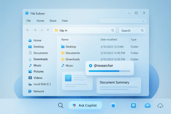 A soft-blue Windows-like File Explorer window showing folders and a search bar.