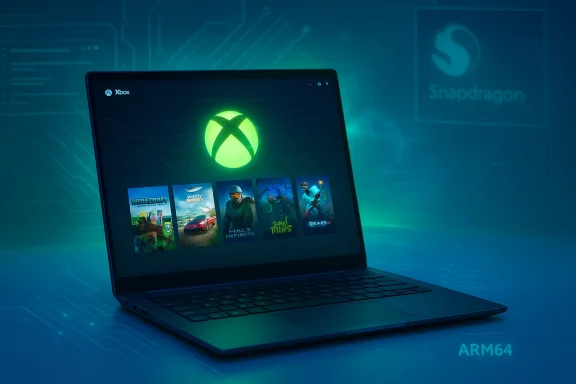 Laptop shows the Xbox game library with a bright neon green Xbox logo.