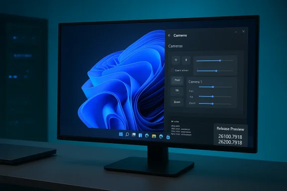 A desktop monitor on a desk displays Windows 11 with a camera settings panel over a blue abstract wallpaper.