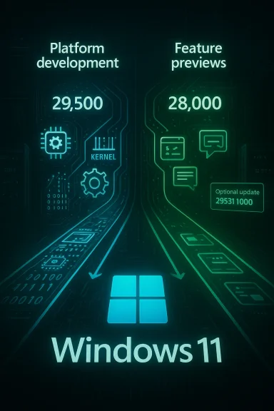 Futuristic neon Windows 11 infographic showing platform development and feature previews.