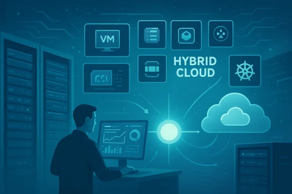 A technician monitors hybrid cloud infrastructure in a data center.