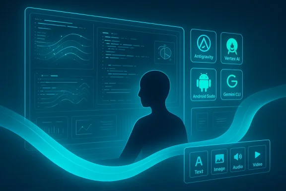A holographic data dashboard with a silhouetted figure amid neon UI panels and AI tools.