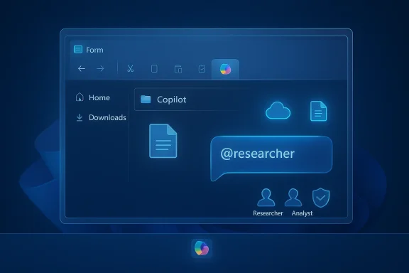 Futuristic neon-blue UI showing Copilot folder, cloud and document icons, plus a chat bubble reading @researcher.