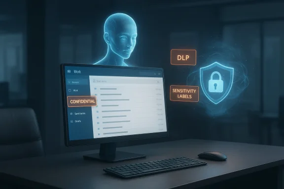 A holographic security overlay shows DLP and confidentiality labels around a computer workstation.