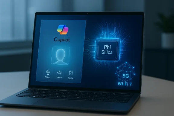 Laptop screen displays a futuristic AI Copilot interface featuring Phi Silica chip and 5G/Wi‑Fi 7.