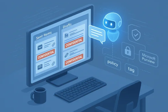 Blue-toned desk scene with a monitor showing Sent Items and Drafts labeled CONFIDENTIAL, guarded by a chatbot.