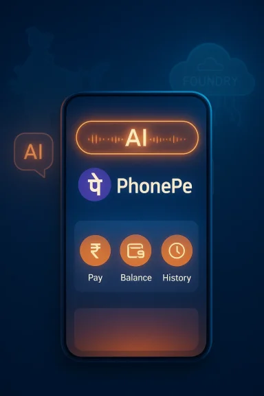 Glowing PhonePe app on a smartphone screen featuring AI label and Pay, Balance, History options.