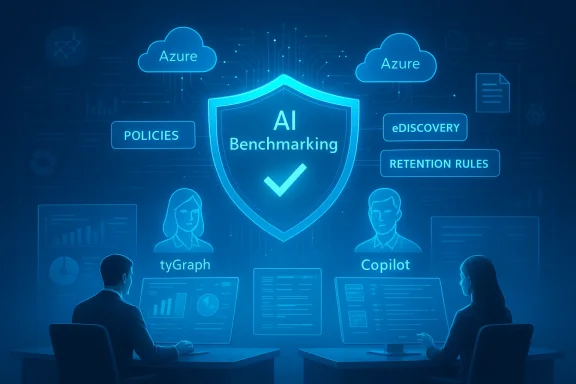 Blue neon AI Benchmarking shield at center, flanked by Azure clouds and analysts at their screens.