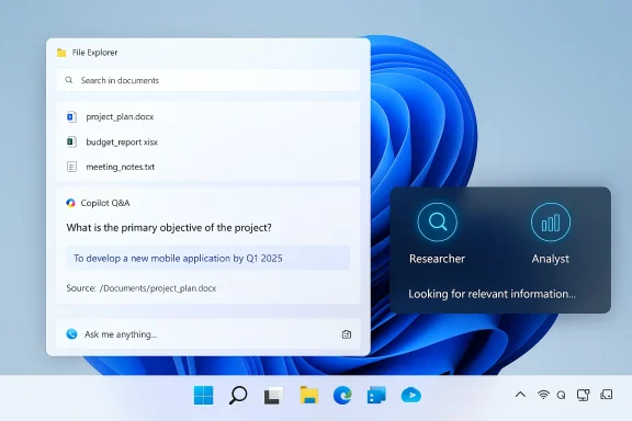 Windows-style desktop with a File Explorer panel and a Copilot Q&A card.